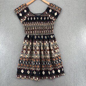 Earthbound Dress Womens Medium Navy Multi Fit & Flare Smocked Bodice Sweetheart